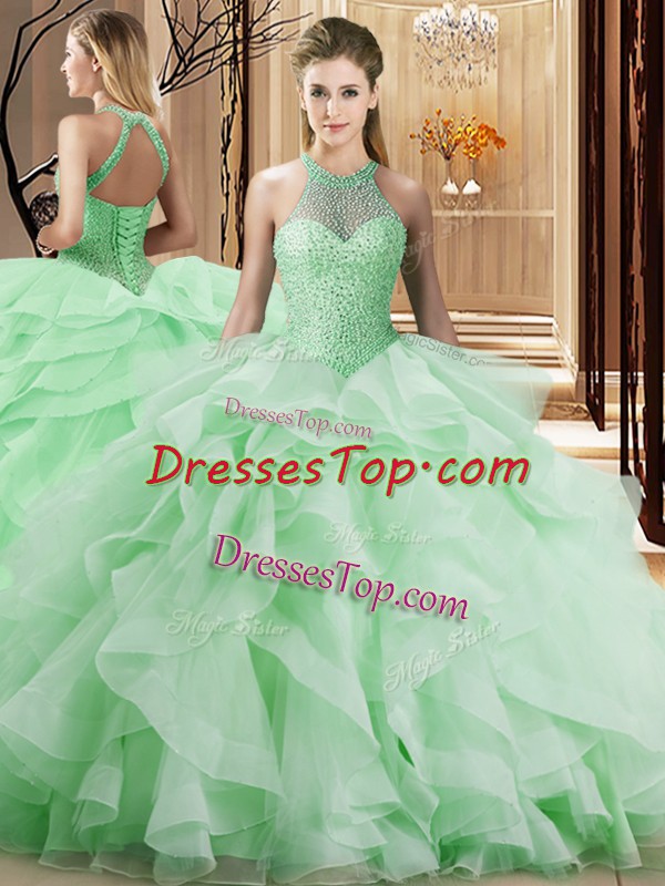  Apple Green Lace Up Halter Top Beading and Ruffles Quinceanera Dresses Organza Sleeveless Brush Train