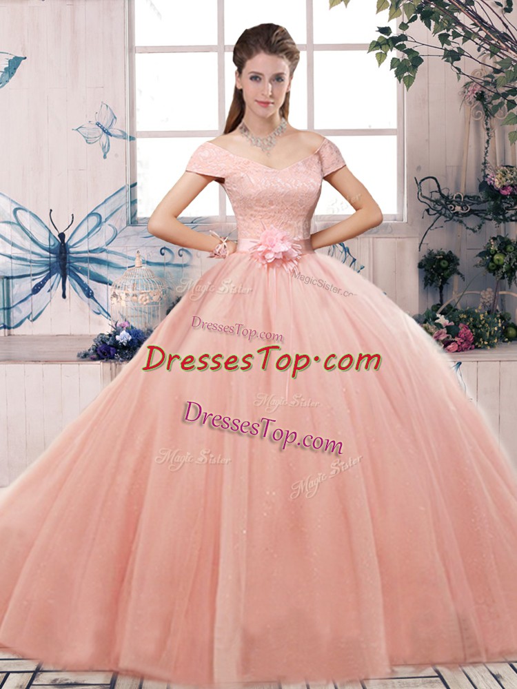  Floor Length Pink Quince Ball Gowns Tulle Short Sleeves Lace and Hand Made Flower