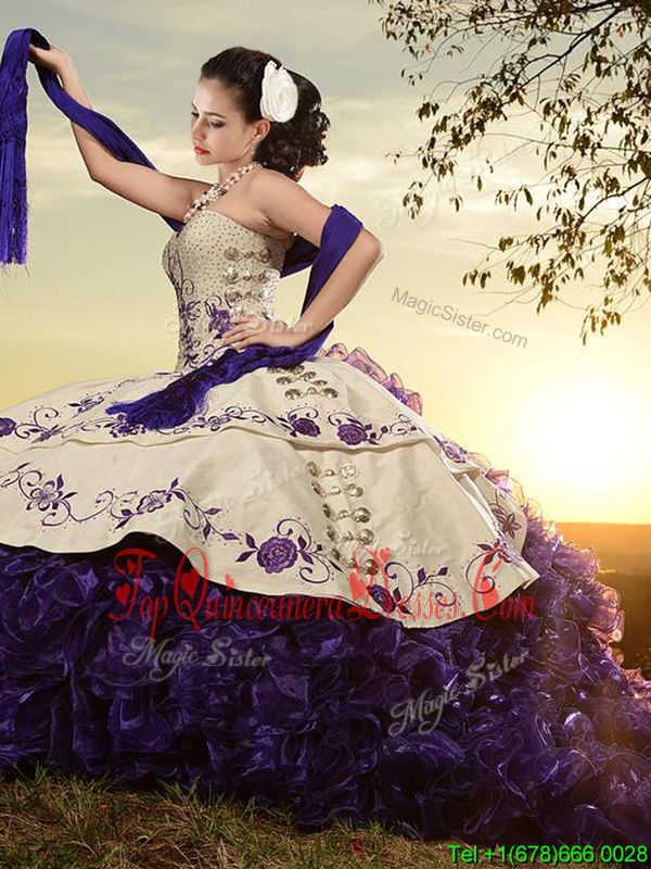  With Train White And Purple Quince Ball Gowns Sweetheart Sleeveless Brush Train Lace Up