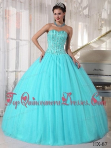 Aqua Blue Ball Gown Sweetheart Floor-length Tulle Beading Quinceanera Dress