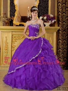 Eggplant Purple Ball Gown Strapless Floor-length Organza Appliques Bule Quinceanera Dress