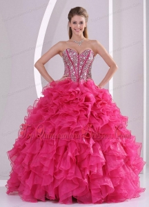Hot Pink Ball Gown Sweetheart Ruffles and Beading Long Organza Quinceanera Gowns