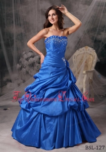 A-Line / Princess Strapless Long Taffeta Beading Quinceanera Dress in Blue