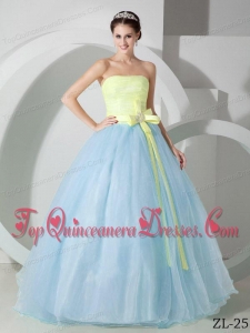 Ball Gown Strapless Light Blue and Yellow Sash and Ruching Quinceanea Dress