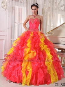 Coral Red and Orange Ball Gown Sweetheart Floor-length Organza Sequins Quinceanera Dress