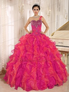 Custom Made Red One Shoulder Beaded Decorate Ruffles Quinceanera Dress In Spring