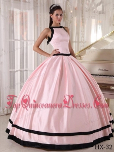 Pink and Black Ball Gown Bateau Floor-length Satin Quinceanera Dress