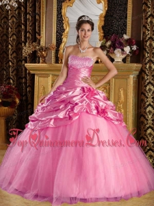Rose Pink Ball Gown Floor-length Taffeta and Tulle Beading Quinceanera Dress