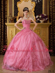 Rose Pink Ball Gown Sweetheart Floor-length Appliques Organza Quinceanera Dress