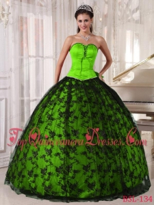 Spring Green and Black Sweetheart Floor-length Tulle and Taffeta Lace Quinceanera Dress