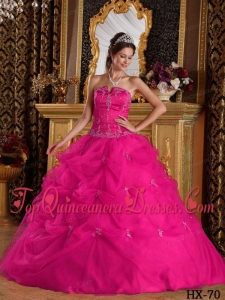 Hot Pink Ball Gown Strapless Floor-length Pick-ups Tulle Quinceanera Dress