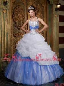 White and Baby Blue A-line / Princess Halter Floor-length Beading Quinceanera Dress