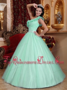 Apple Green A-line One Shoulder Floor-length Tulle Ruch Quinceanera Dress