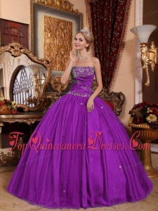 Eggplant Purple Ball Gown Strapless Floor-length Taffeta and Tulle Appliques Quinceanera Dress