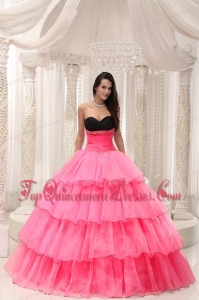 Watermelon Sweetheart Beaded and Layers Ball Gown Discount Quinceanera Dress Taffeta and Organza