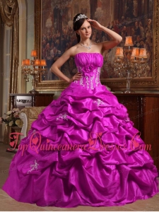 New Style Fuchsia Ball Gown Strapless Floor-length Appliques Taffeta Quinceanera Dress