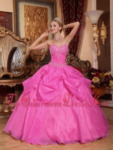 New Style Rose Pink Ball Gown Sweetheart Floor-length Taffeta and Organza Appliques Quinceanera Dress