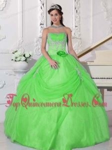 New Style Spring Green Ball Gown Strapless Floor-length Taffeta and Organza Appliques and Hand Made Flower Quinceanera Dress