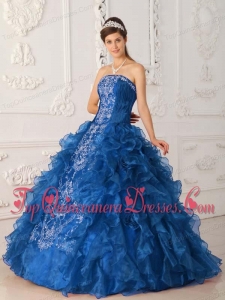 Popular Blue Ball Gown Strapless Floor-length Satin and Organza Embroidery Quinceanera Dress
