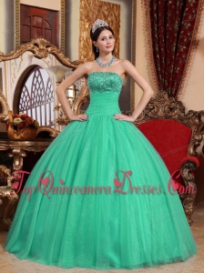 Popular Green Ball Gown Strapless Floor-length Tulle Embroidery with Beading Quinceanera Dress