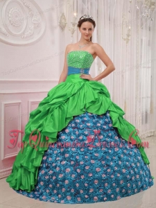 Popular Green and Blue Ball Gown Strapless Floor-length Beading Quinceanera Dress