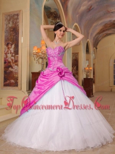 Popular Hot Pink and White A-Line Sweetheart Floor-length Beading Tulle and Taffeta Quinceanera Dress