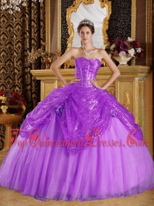 Popular Purple Ball Gown Sweetheart Floor-length Sequined and Tulle Handle Flowers Quinceanera Dress