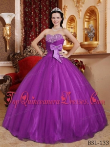 Popular Purple Ball Gown Sweetheart Floor-length Tulle and Tafftea Beading Quinceanera Dress