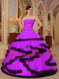 Popular Purple and Black Strapless Floor-length Organza Appliques Quinceanera Dress