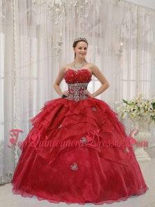 Popular Red Ball Gown Strapless Floor-length Organza Beading Quinceanera Dress