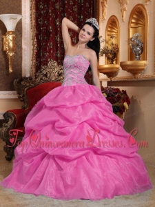 Popular Rose Pink Ball Gown Sweetheart Floor-length Organza Beading Quinceanera Dress
