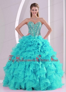Elegant Aqua Blue Ball Gown Sweetheart Ruffles and Beaded Decorate Fashionable Quinceanera Gowns in Sweet 16