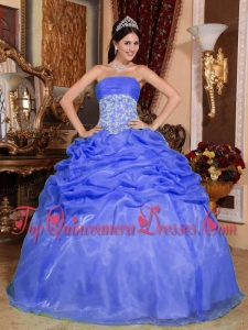 Popular Blue Ball Gown Strapless Floor-length Organza Appliques Quinceanera Dress