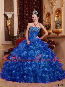 Popular Blue Ball Gown Strapless Floor-length Organza Beading Quinceanera Dress