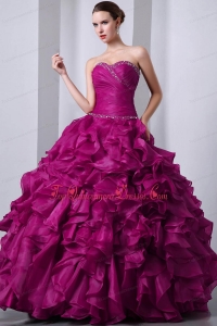 Popular Fuchsia A-Line / Princess Sweetheart Floor-length Organza Beading and Rufffles Quinceanea Dress