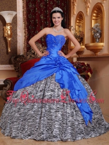 Print Blue Ball Gown Sweetheart Floor-length Taffeta and Zebra Beading Quinceanera Dress
