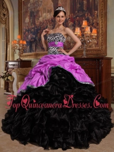 Print Hot Pink and Black Ball Gown Sweetheart Floor-length Pick-ups Taffeta and Organza Quinceanera Dress