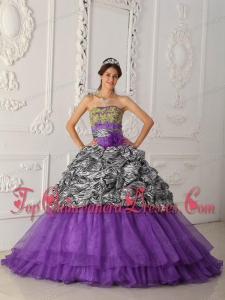 Print Purple Ball Gown Strapless Chapel Train Zebra and Organza Quinceanera Dress