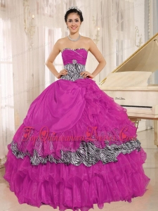 Print Wholesale Hot Pink Sweetheart Ruffles Quinceanera Dress With Zebra and Beading