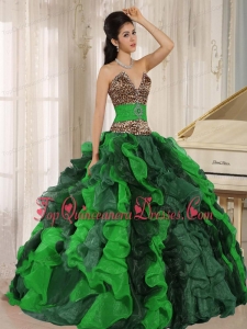 Print Wholesale Multi-color 2013 Quinceanera Dress V-neck Ruffles With Leopard and Beading