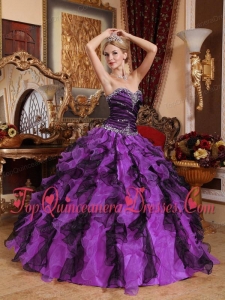 Purple and Black Sweetheart Floor-length Beading and Ruffles Perfect Quinceanera Dress