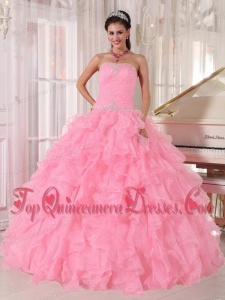Baby Pink Ball Gown Strapless Floor-length Organza Beading Discount Quinceanera Dresses