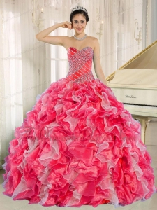 Red and White Perfect Quinceanera Dresses with Beadeing and Ruffles for Custom Made