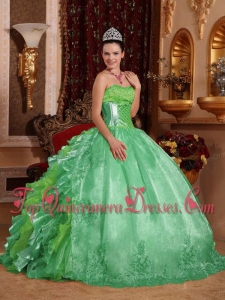 Ball Gown Strapless Green Ruffles Embroidery Popular Quinceanera Gowns