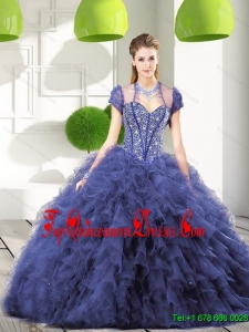 Trendy Navy Blue Quinceanera Gown with Beading and Ruffles for 2015