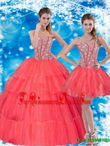 2015 New Style Beading and Ruffled Layers Sweetheart Quinceanera Dresses in Coral Red
