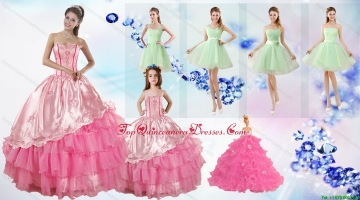 Ruffled Layers Sweetheart Quinceanera Dress and Ruching Apple Green Dama Dresses and Rose Pink Little Girl Dress