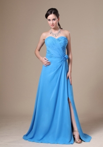 Teal High Slit Quince Dama Dress Sweetheart Ruch and Flowers