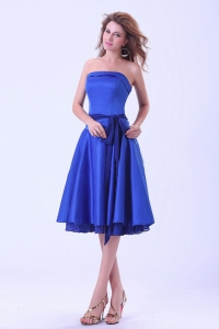 Royal Blue Dama Dress for Quinces with Sash Tea-length Satin