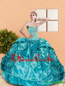 2015 Puffy Sweetheart Teal Sweet 16 Gowns with Beading and Pick Ups